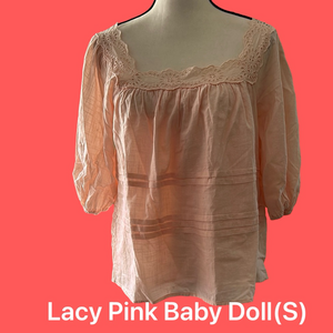 Sweet Pink Cotton Baby Doll Shirt w’ Lace (S) 100% Cotton NWOTs